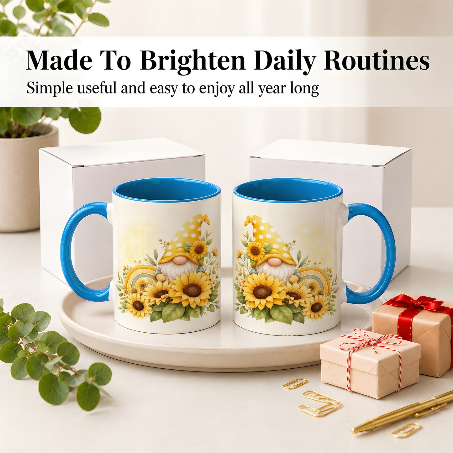 #pl[11oz|Blue] Sunflower Gnome Ceramic Mug, Yellow Floral Rainbow Garden Artwork