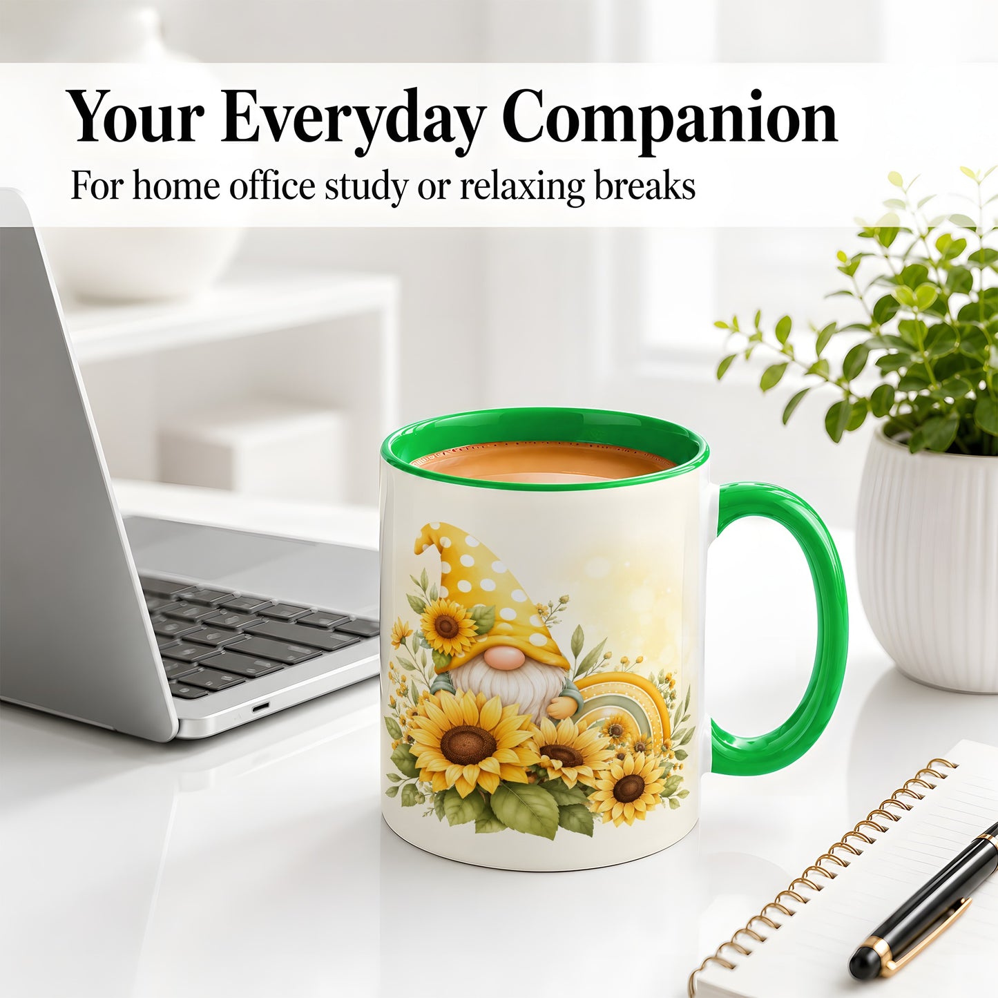 #pl[11oz|Green] Sunflower Gnome Ceramic Mug, Yellow Floral Rainbow Garden Artwork