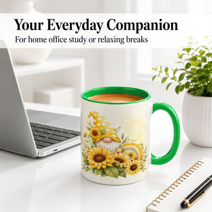 #pl[11oz|Green] Sunflower Gnome Ceramic Mug, Yellow Floral Rainbow Garden Artwork