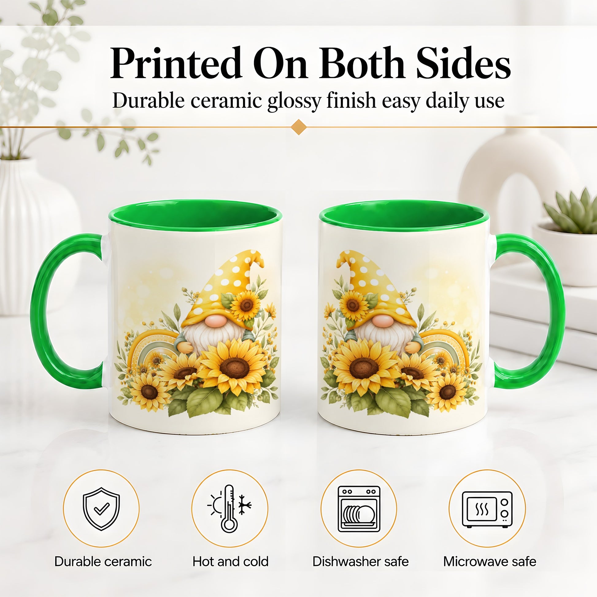 #pl[11oz|Green] Sunflower Gnome Ceramic Mug, Yellow Floral Rainbow Garden Artwork