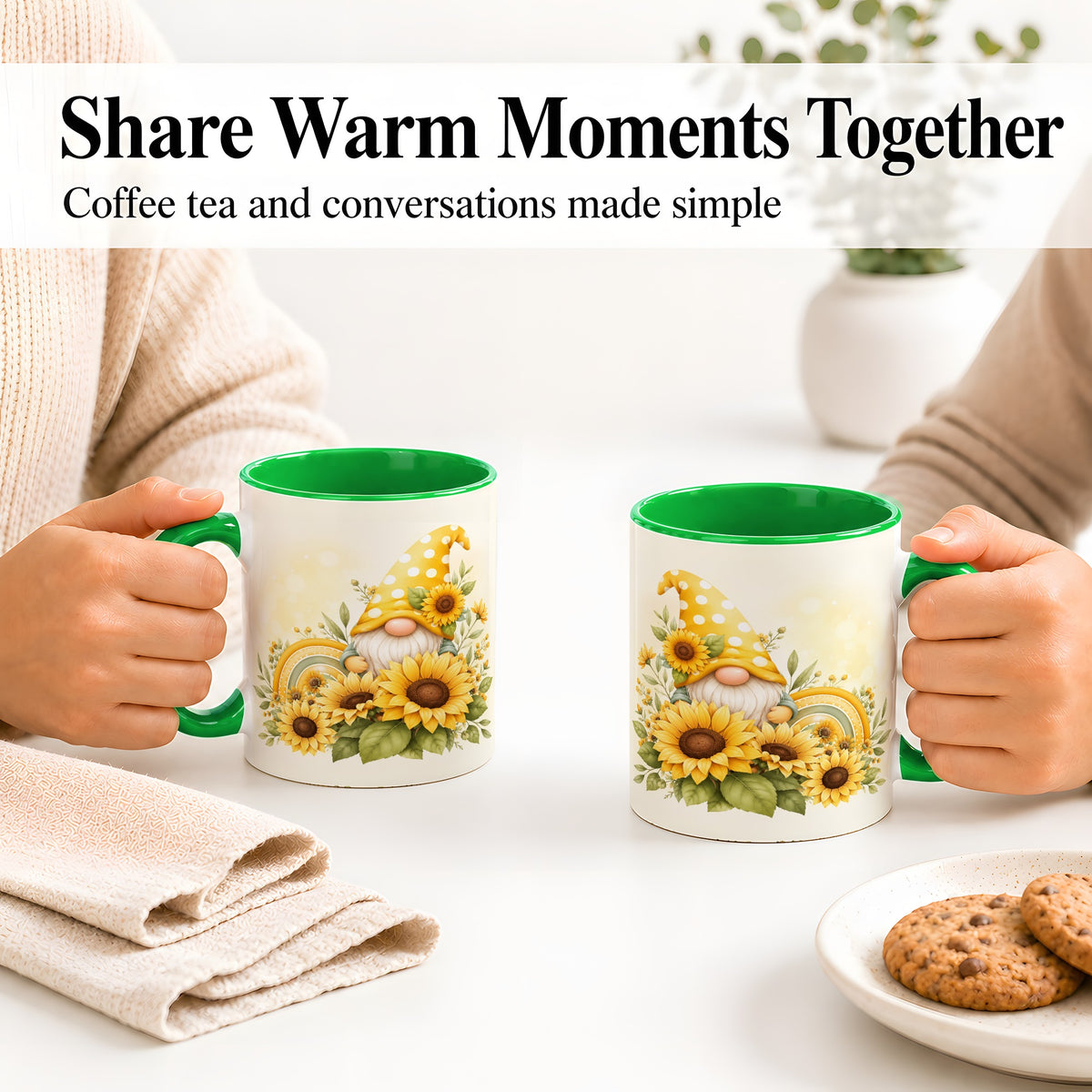 #pl[11oz|Green] Sunflower Gnome Ceramic Mug, Yellow Floral Rainbow Garden Artwork