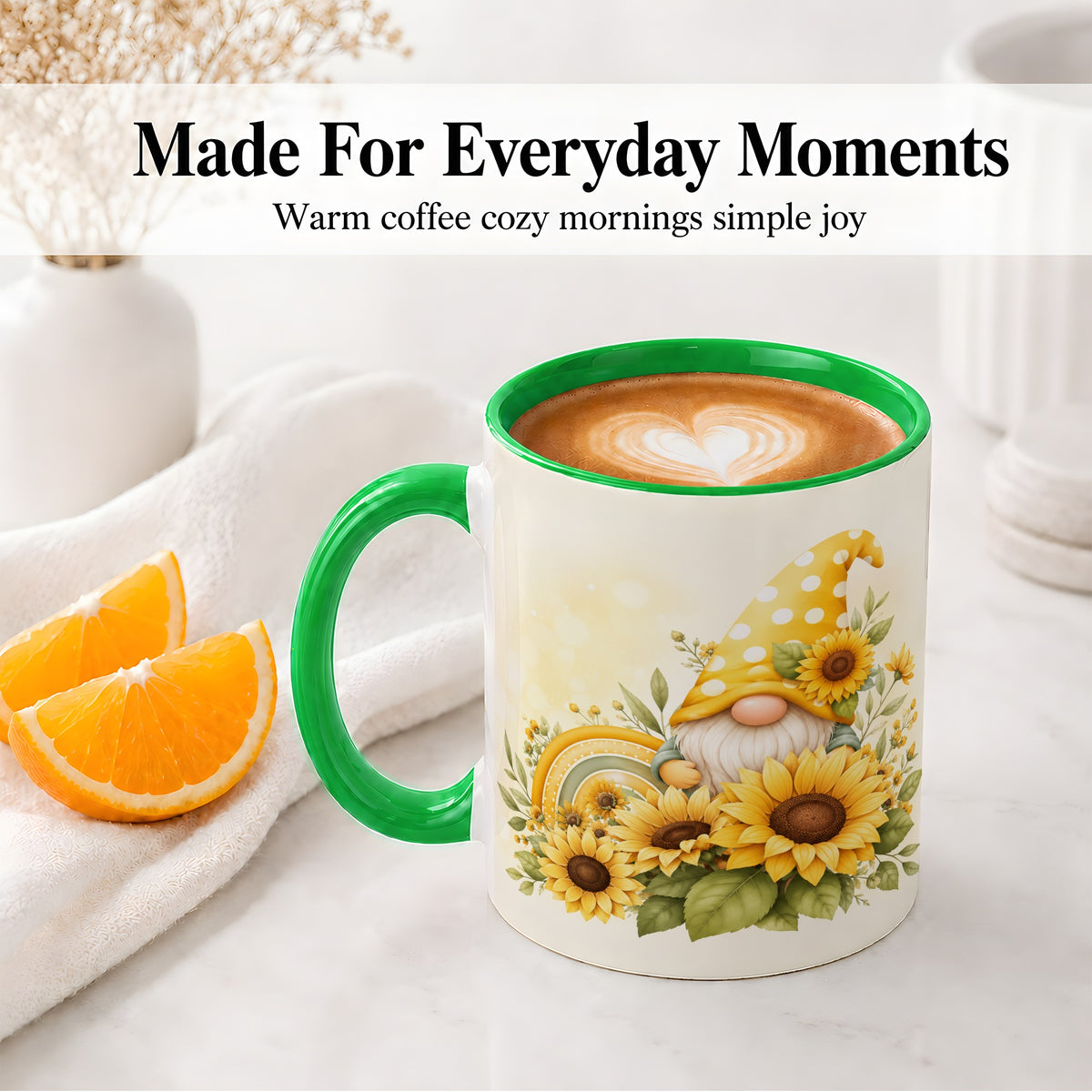 #pl[11oz|Green] Sunflower Gnome Ceramic Mug, Yellow Floral Rainbow Garden Artwork
