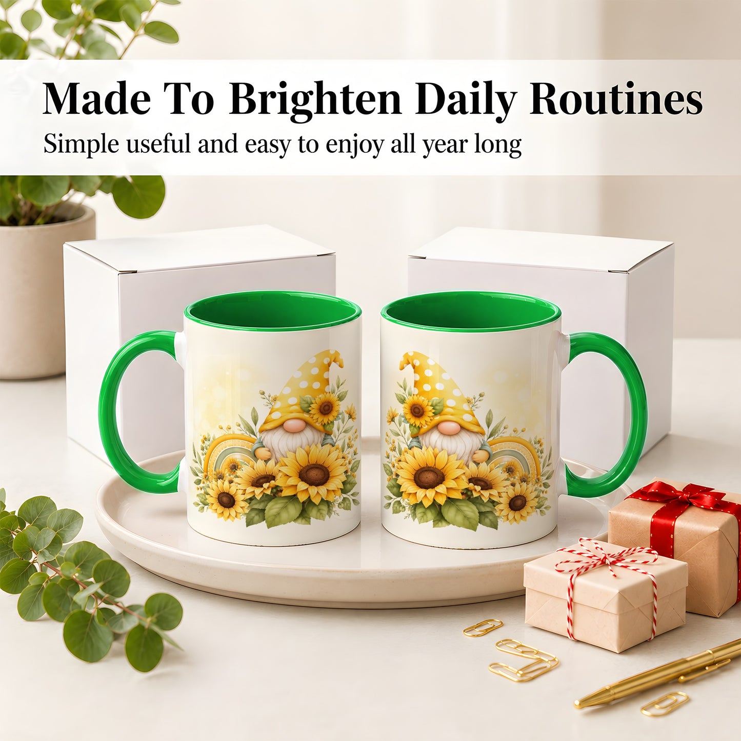 #pl[11oz|Green] Sunflower Gnome Ceramic Mug, Yellow Floral Rainbow Garden Artwork