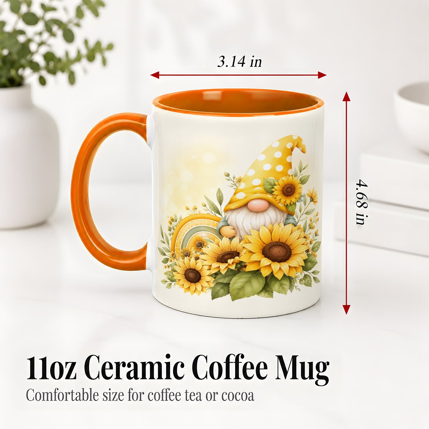 #pl[11oz|Orange] Sunflower Gnome Ceramic Mug, Yellow Floral Rainbow Garden Artwork
