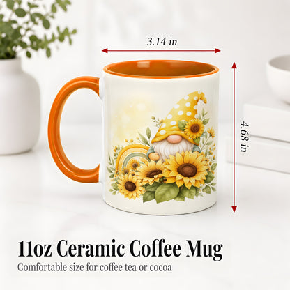 #pl[11oz|Orange] Sunflower Gnome Ceramic Mug, Yellow Floral Rainbow Garden Artwork