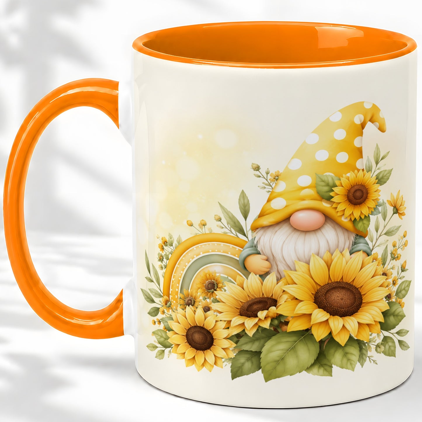 #pl[11oz|Orange] Sunflower Gnome Ceramic Mug, Yellow Floral Rainbow Garden Artwork