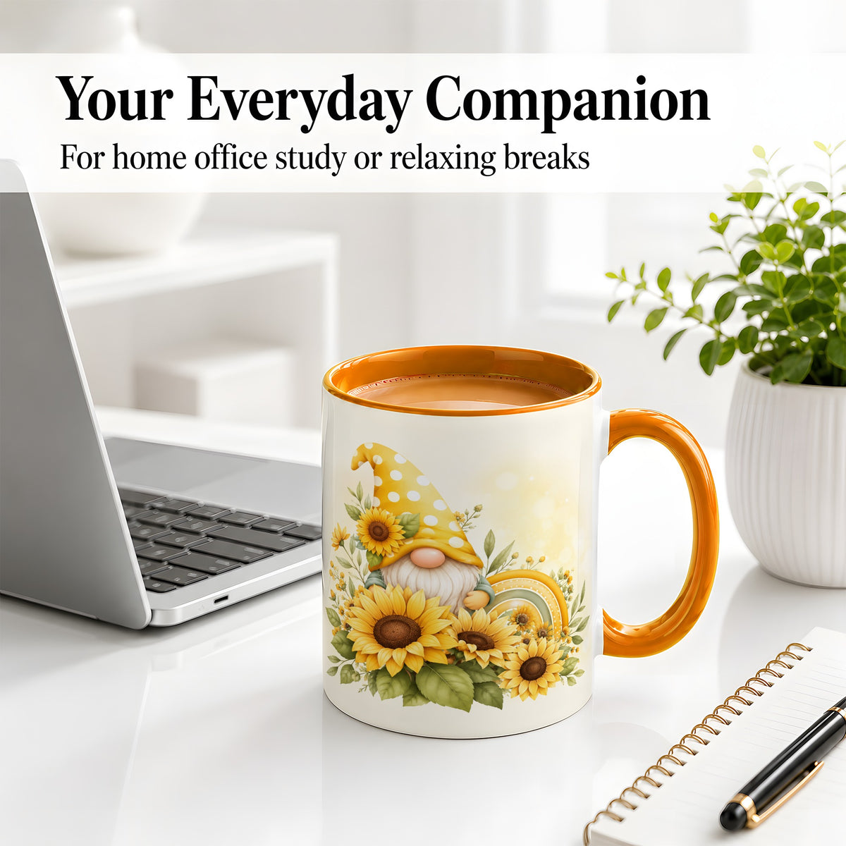 #pl[11oz|Orange] Sunflower Gnome Ceramic Mug, Yellow Floral Rainbow Garden Artwork