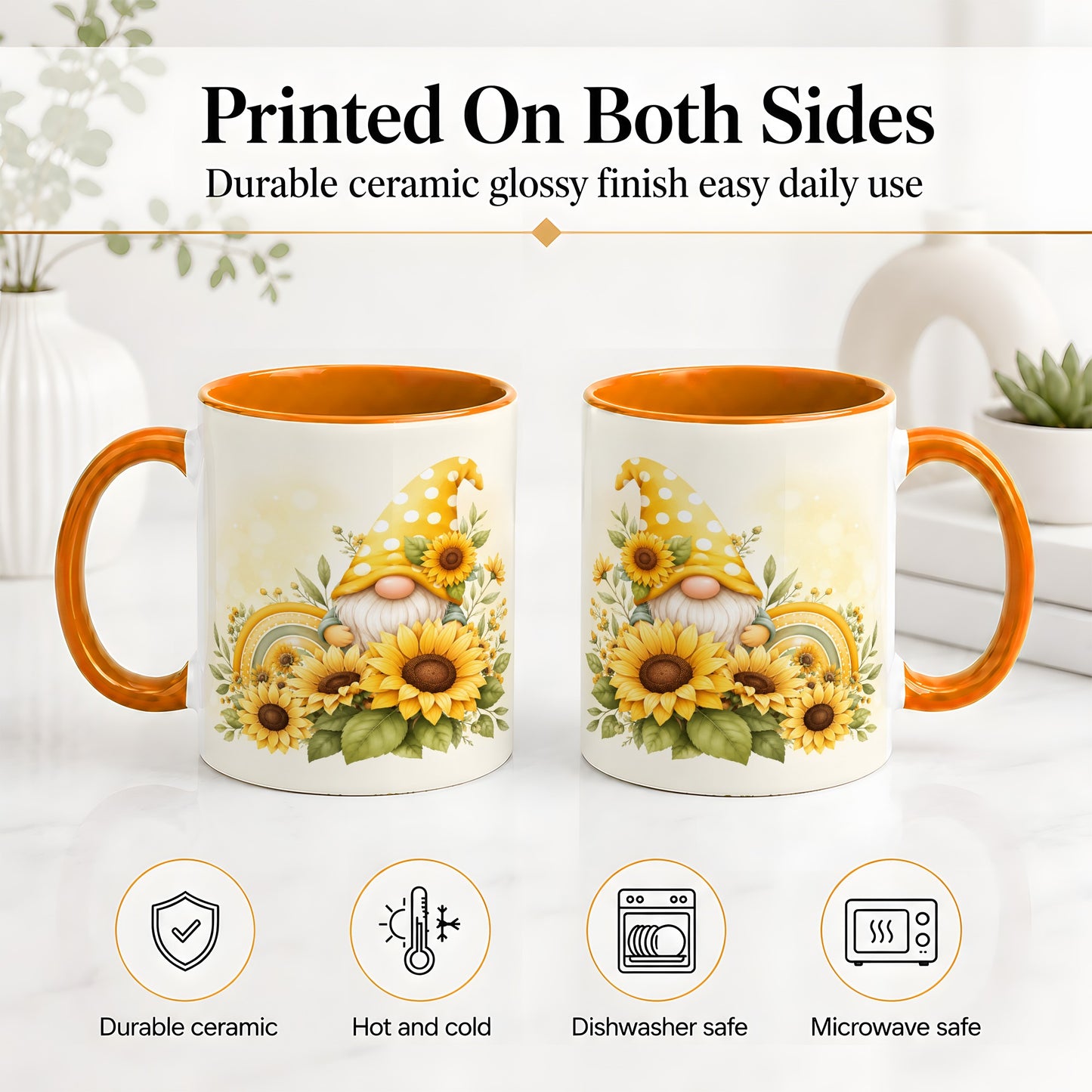 #pl[11oz|Orange] Sunflower Gnome Ceramic Mug, Yellow Floral Rainbow Garden Artwork