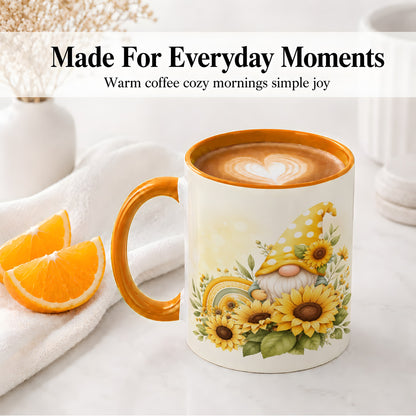 #pl[11oz|Orange] Sunflower Gnome Ceramic Mug, Yellow Floral Rainbow Garden Artwork