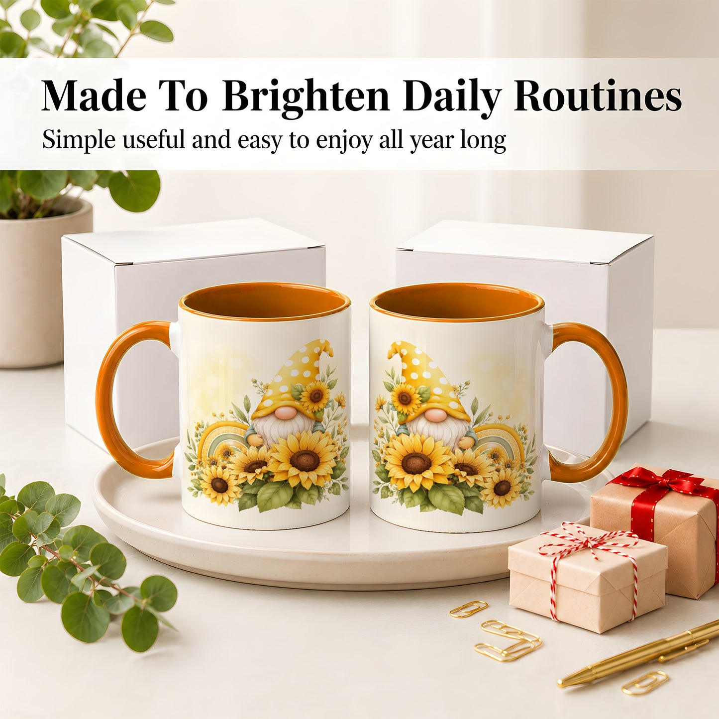 #pl[11oz|Orange] Sunflower Gnome Ceramic Mug, Yellow Floral Rainbow Garden Artwork