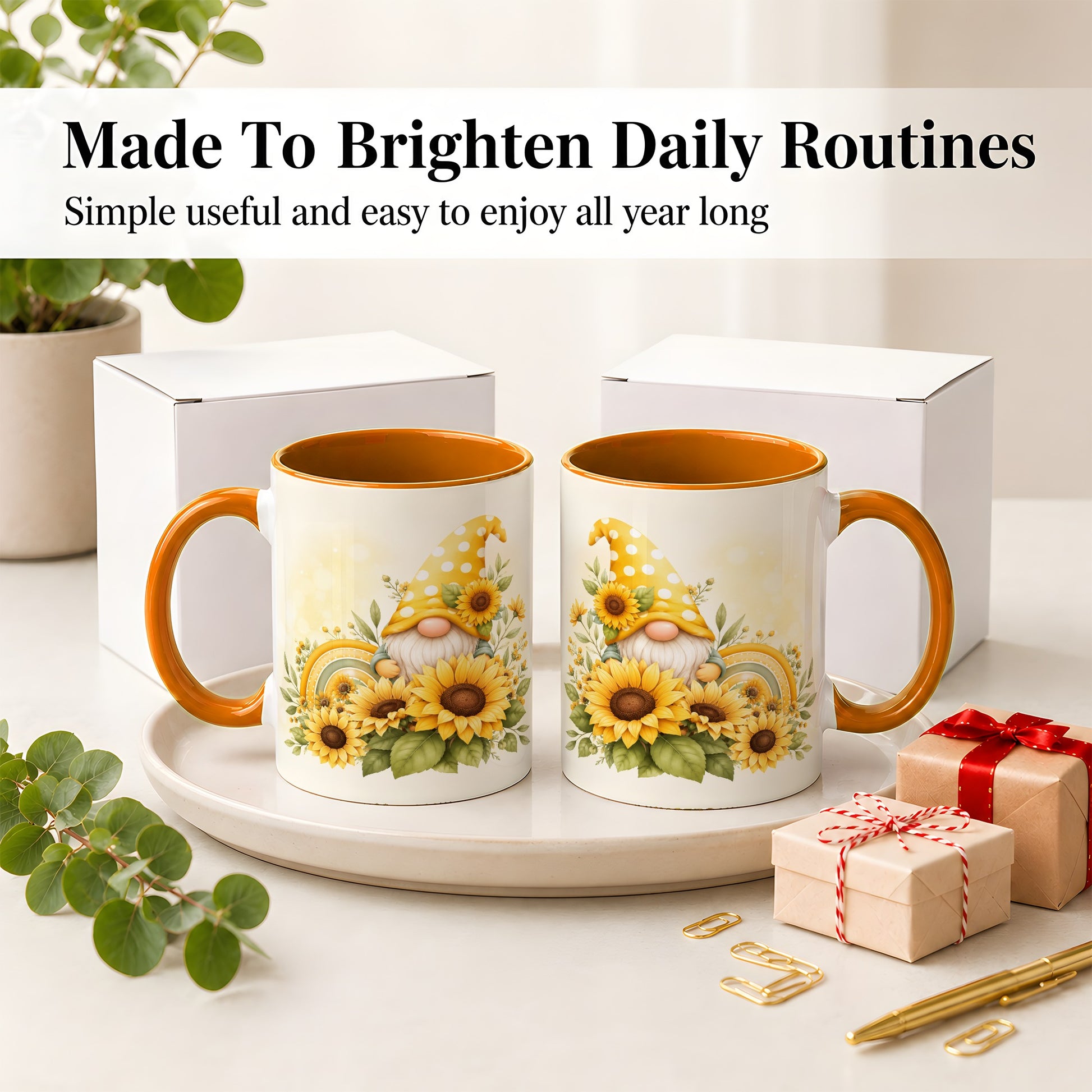 #pl[11oz|Orange] Sunflower Gnome Ceramic Mug, Yellow Floral Rainbow Garden Artwork