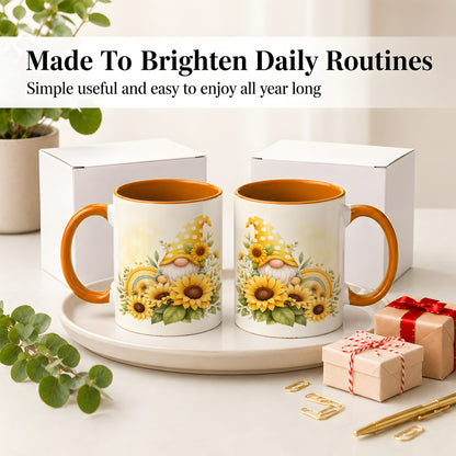 #pl[11oz|Orange] Sunflower Gnome Ceramic Mug, Yellow Floral Rainbow Garden Artwork