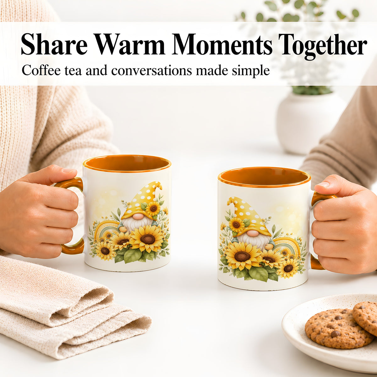 #pl[11oz|Orange] Sunflower Gnome Ceramic Mug, Yellow Floral Rainbow Garden Artwork