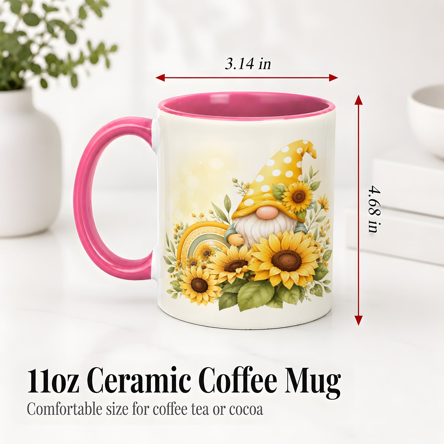 #pl[11oz|Pink] Sunflower Gnome Ceramic Mug, Yellow Floral Rainbow Garden Artwork