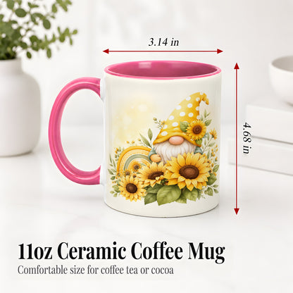 #pl[11oz|Pink] Sunflower Gnome Ceramic Mug, Yellow Floral Rainbow Garden Artwork