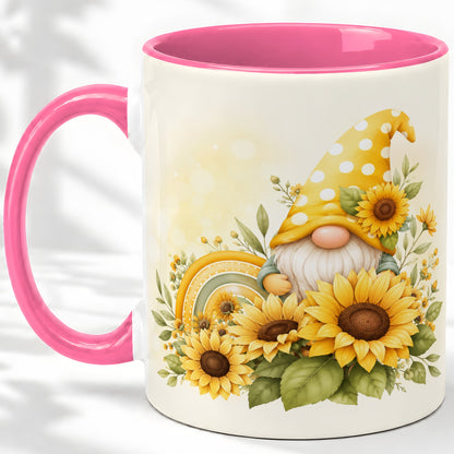 #pl[11oz|Pink] Sunflower Gnome Ceramic Mug, Yellow Floral Rainbow Garden Artwork