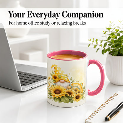 #pl[11oz|Pink] Sunflower Gnome Ceramic Mug, Yellow Floral Rainbow Garden Artwork