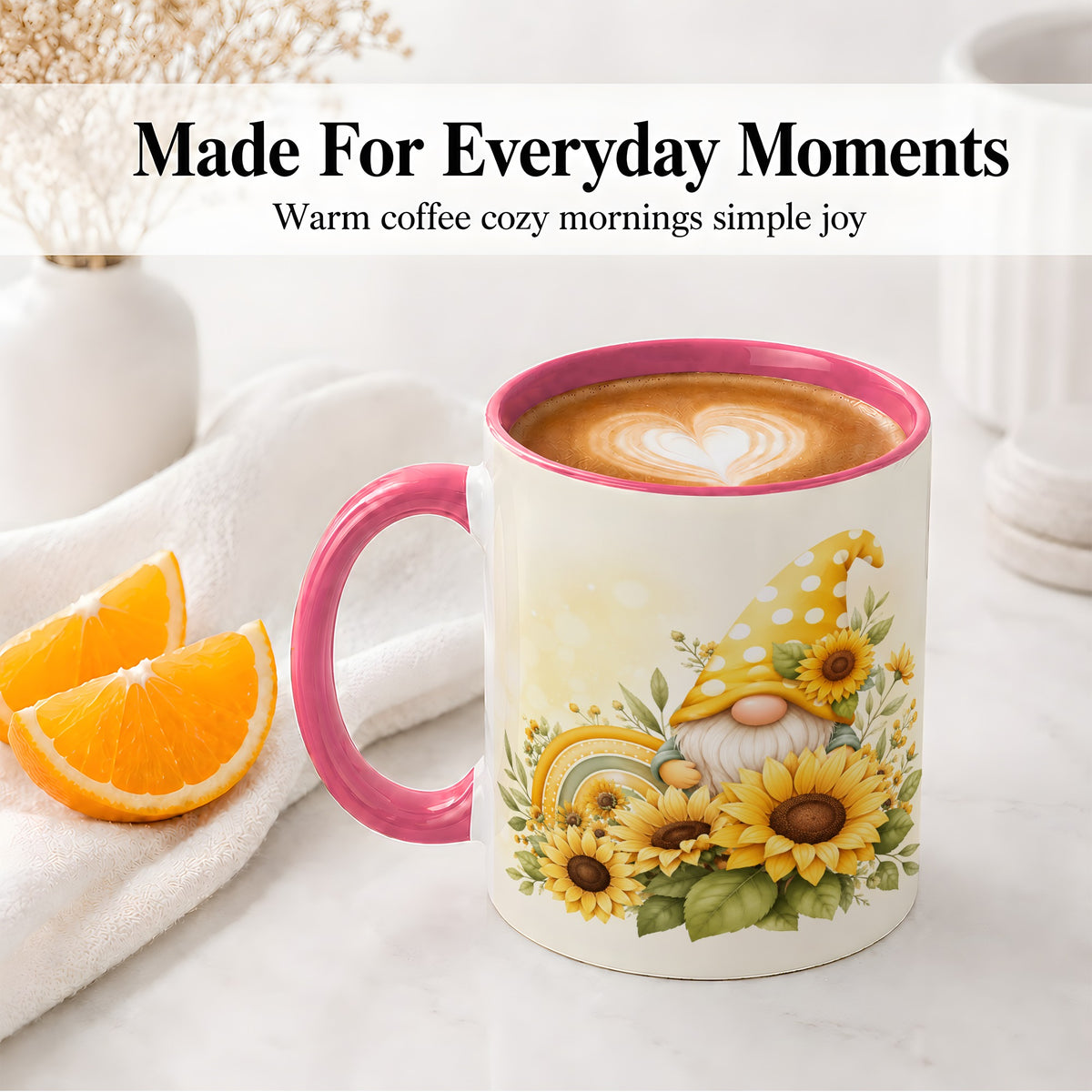 #pl[11oz|Pink] Sunflower Gnome Ceramic Mug, Yellow Floral Rainbow Garden Artwork