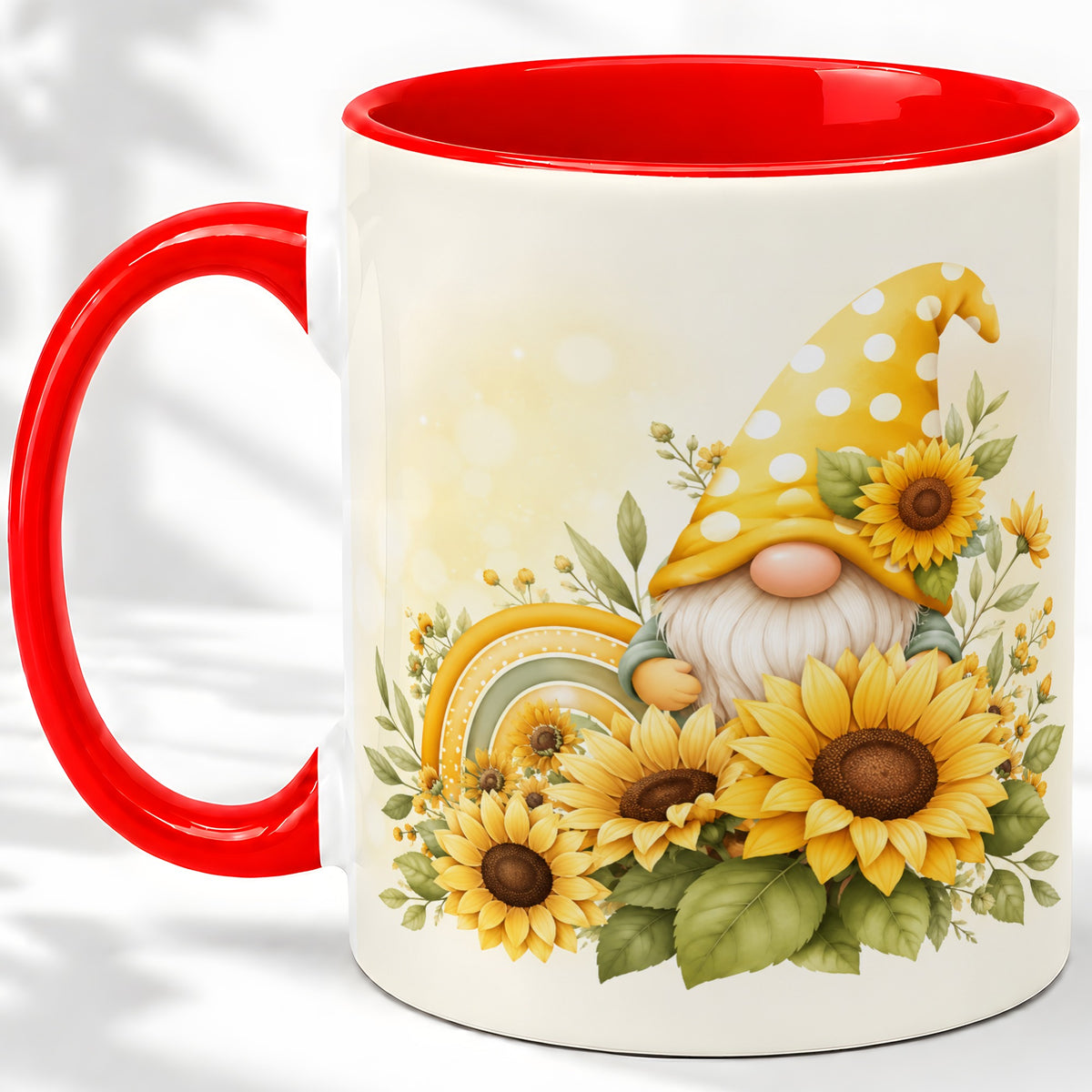 Sunflower Gnome Ceramic Mug, Yellow Floral Rainbow Garden Artwork