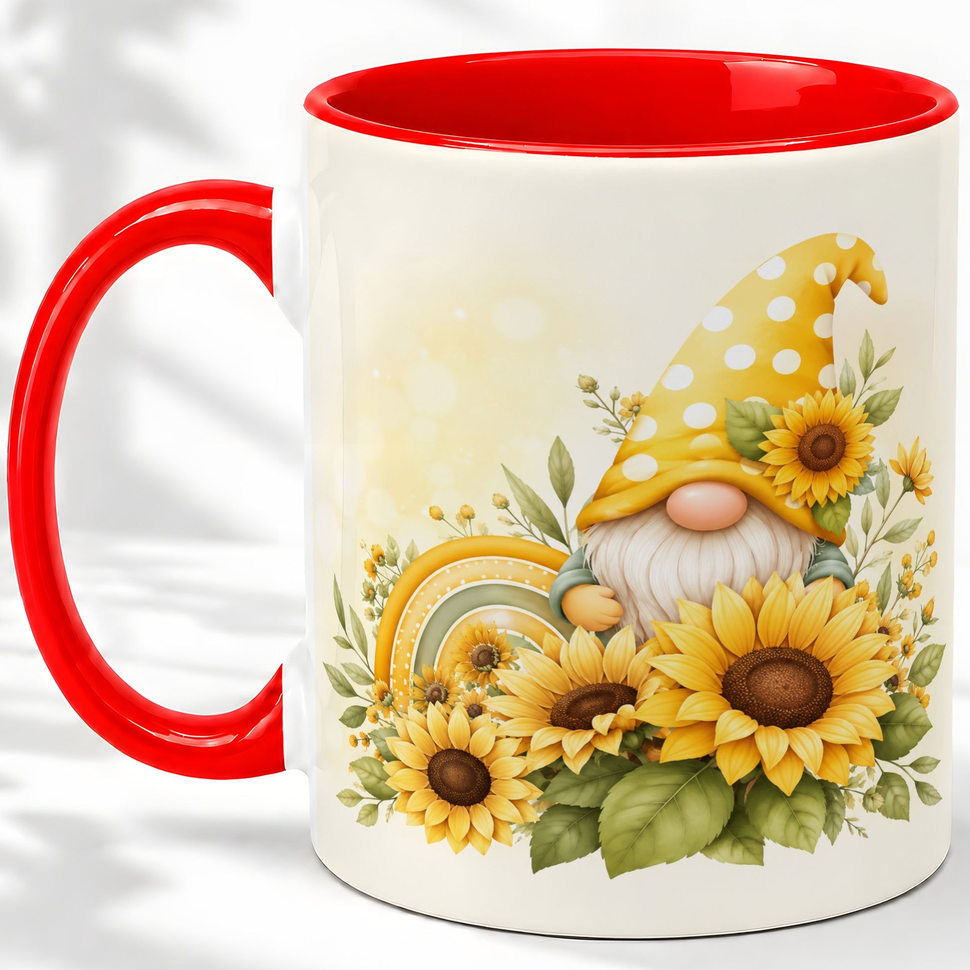 Sunflower Gnome Ceramic Mug, Yellow Floral Rainbow Garden Artwork