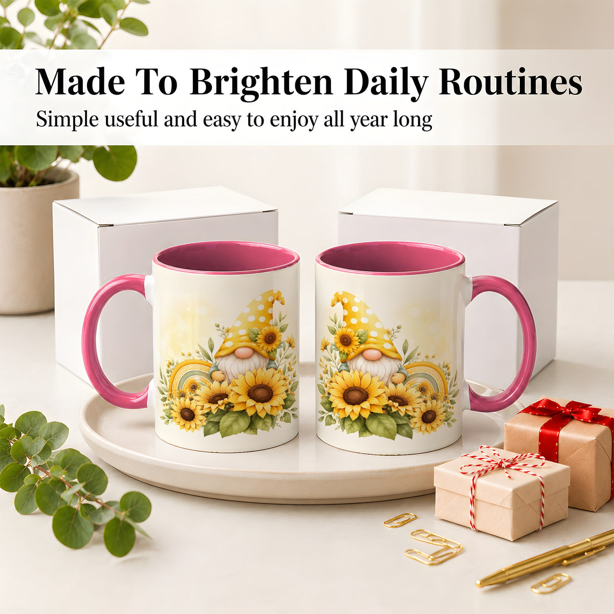 #pl[11oz|Pink] Sunflower Gnome Ceramic Mug, Yellow Floral Rainbow Garden Artwork