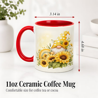 #pl[11oz|Red] Sunflower Gnome Ceramic Mug, Yellow Floral Rainbow Garden Artwork