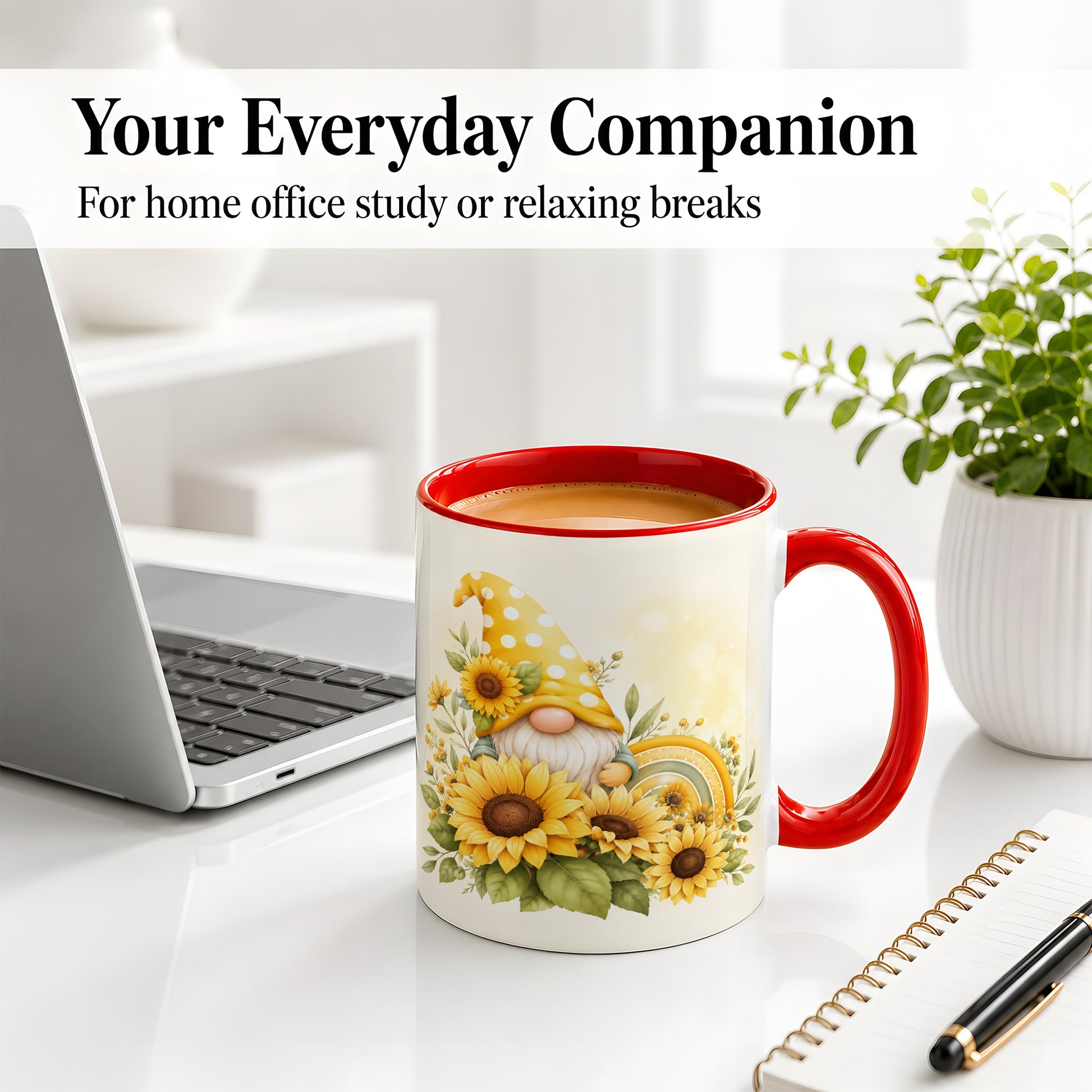 #pl[11oz|Red] Sunflower Gnome Ceramic Mug, Yellow Floral Rainbow Garden Artwork