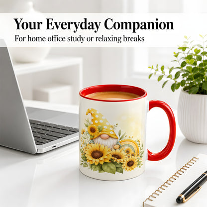 #pl[11oz|Red] Sunflower Gnome Ceramic Mug, Yellow Floral Rainbow Garden Artwork