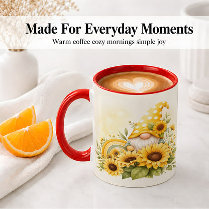 #pl[11oz|Red] Sunflower Gnome Ceramic Mug, Yellow Floral Rainbow Garden Artwork