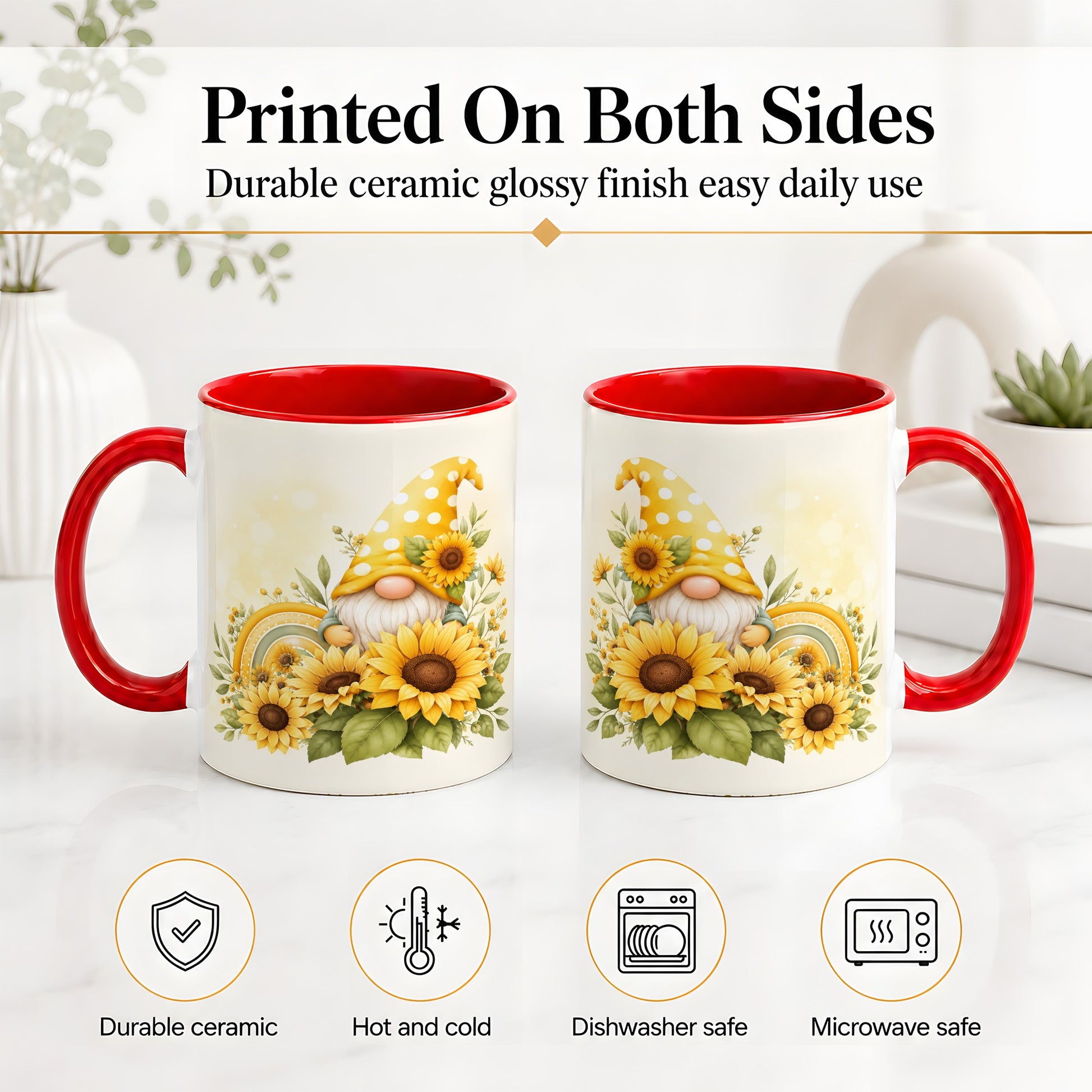 #pl[11oz|Red] Sunflower Gnome Ceramic Mug, Yellow Floral Rainbow Garden Artwork