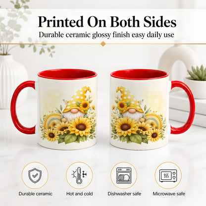 #pl[11oz|Red] Sunflower Gnome Ceramic Mug, Yellow Floral Rainbow Garden Artwork