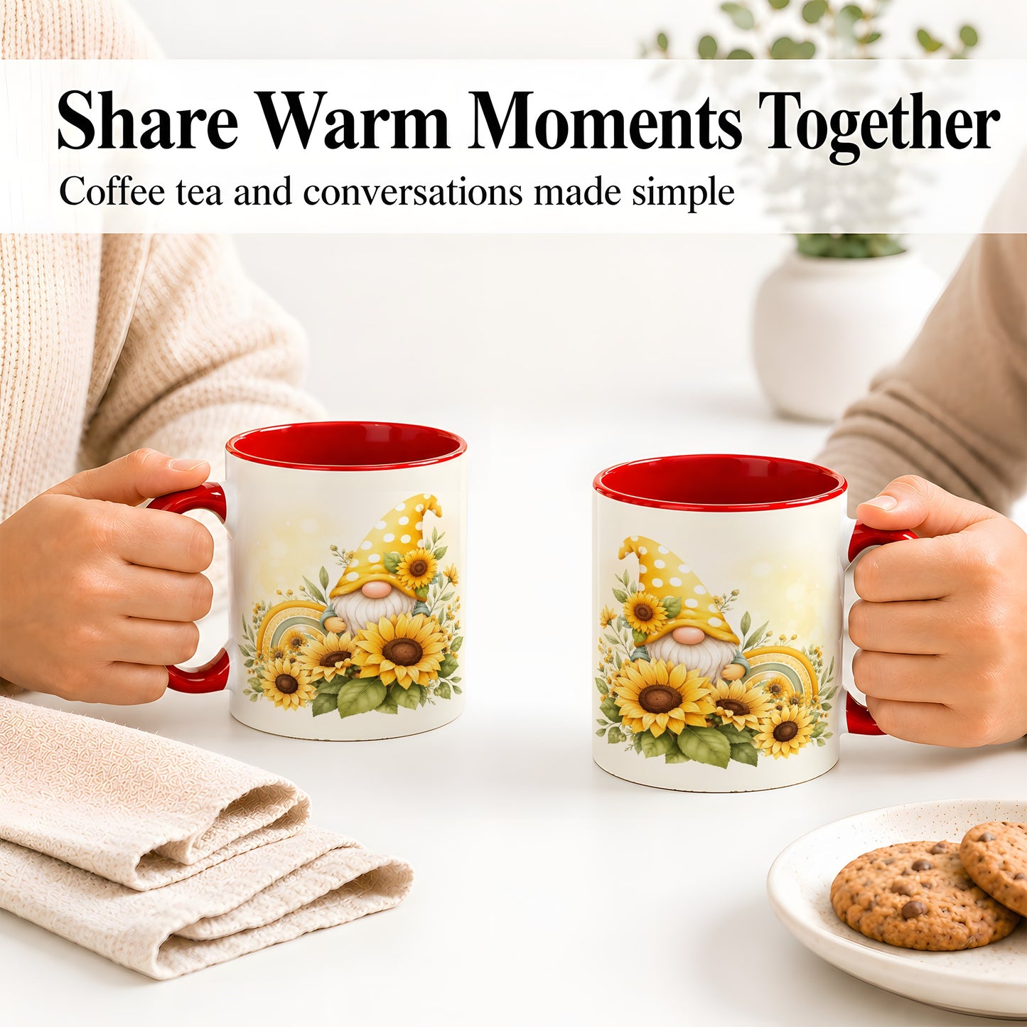 #pl[11oz|Red] Sunflower Gnome Ceramic Mug, Yellow Floral Rainbow Garden Artwork