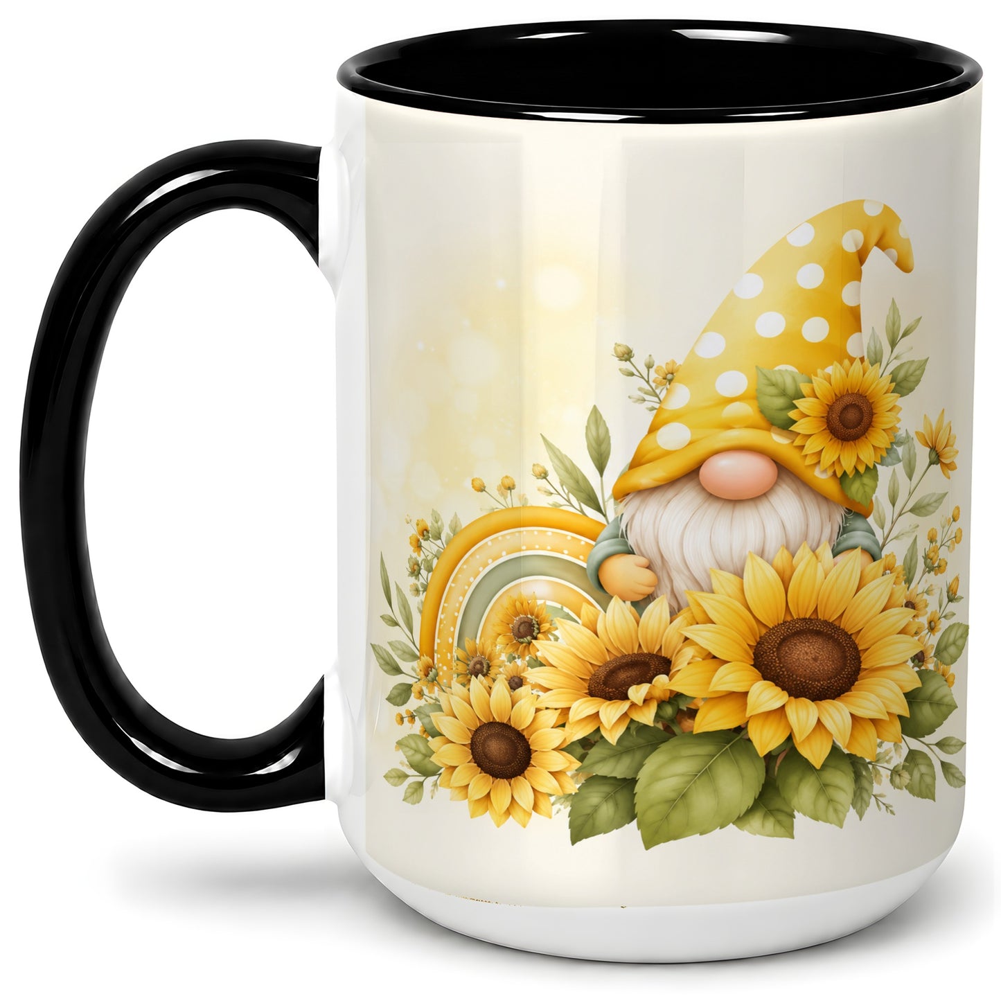 #pl[15oz|Black] Sunflower Gnome Ceramic Mug, Yellow Floral Rainbow Garden Artwork