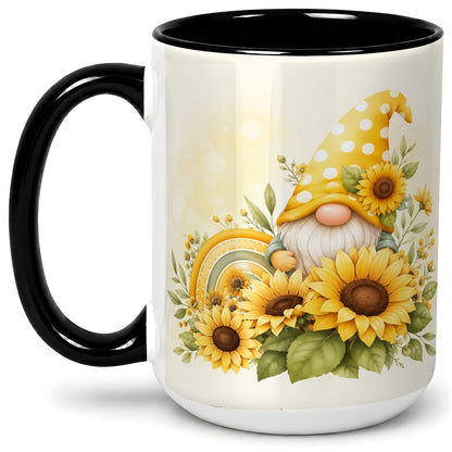 #pl[15oz|Black] Sunflower Gnome Ceramic Mug, Yellow Floral Rainbow Garden Artwork