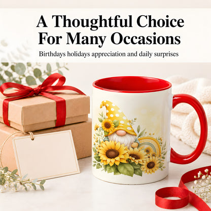 #pl[11oz|Red] Sunflower Gnome Ceramic Mug, Yellow Floral Rainbow Garden Artwork