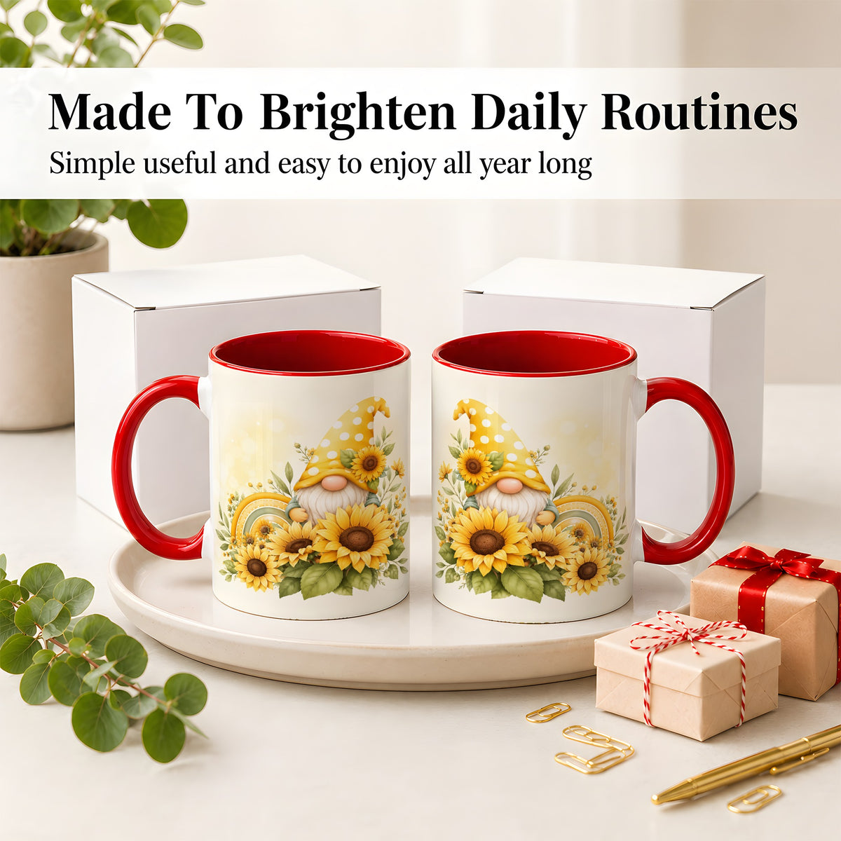 #pl[11oz|Red] Sunflower Gnome Ceramic Mug, Yellow Floral Rainbow Garden Artwork