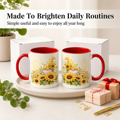 #pl[11oz|Red] Sunflower Gnome Ceramic Mug, Yellow Floral Rainbow Garden Artwork