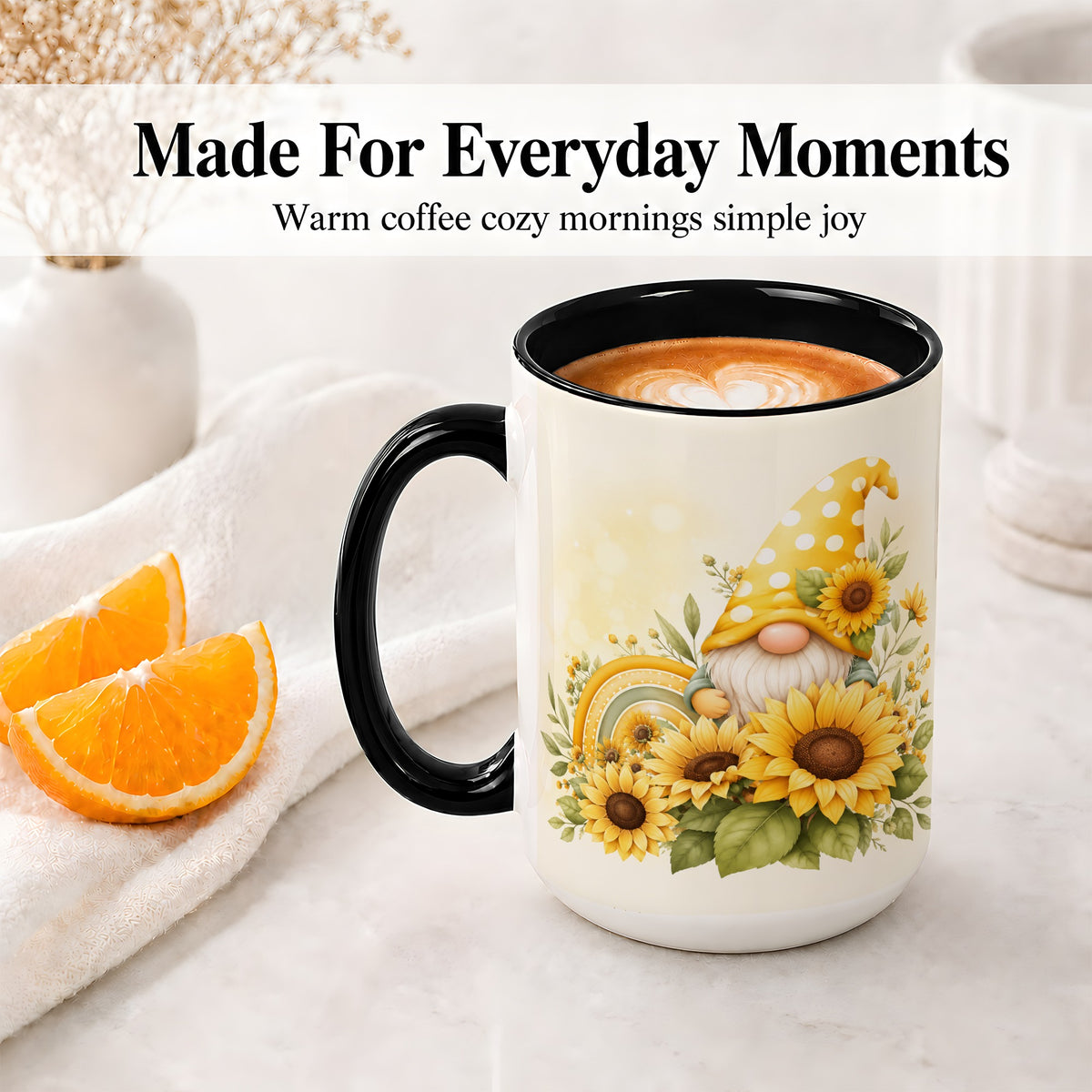 #pl[15oz|Black] Sunflower Gnome Ceramic Mug, Yellow Floral Rainbow Garden Artwork