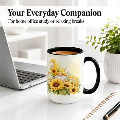 #pl[15oz|Black] Sunflower Gnome Ceramic Mug, Yellow Floral Rainbow Garden Artwork