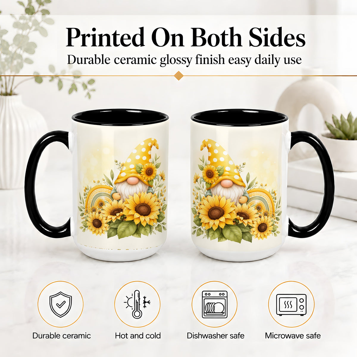 #pl[15oz|Black] Sunflower Gnome Ceramic Mug, Yellow Floral Rainbow Garden Artwork