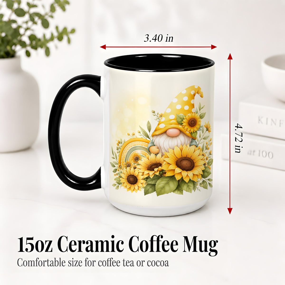 #pl[15oz|Black] Sunflower Gnome Ceramic Mug, Yellow Floral Rainbow Garden Artwork