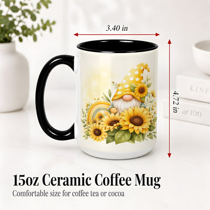 #pl[15oz|Black] Sunflower Gnome Ceramic Mug, Yellow Floral Rainbow Garden Artwork