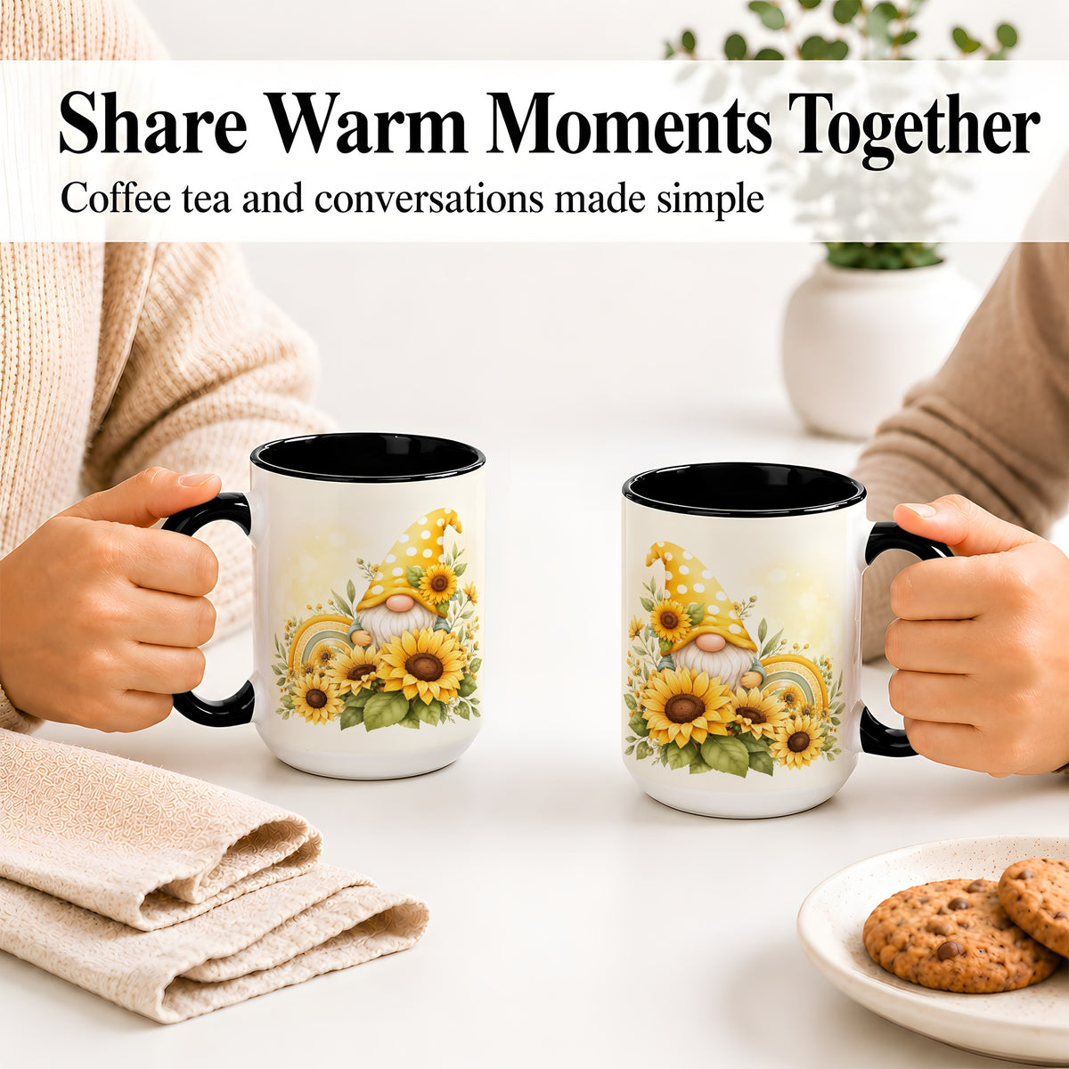 #pl[15oz|Black] Sunflower Gnome Ceramic Mug, Yellow Floral Rainbow Garden Artwork