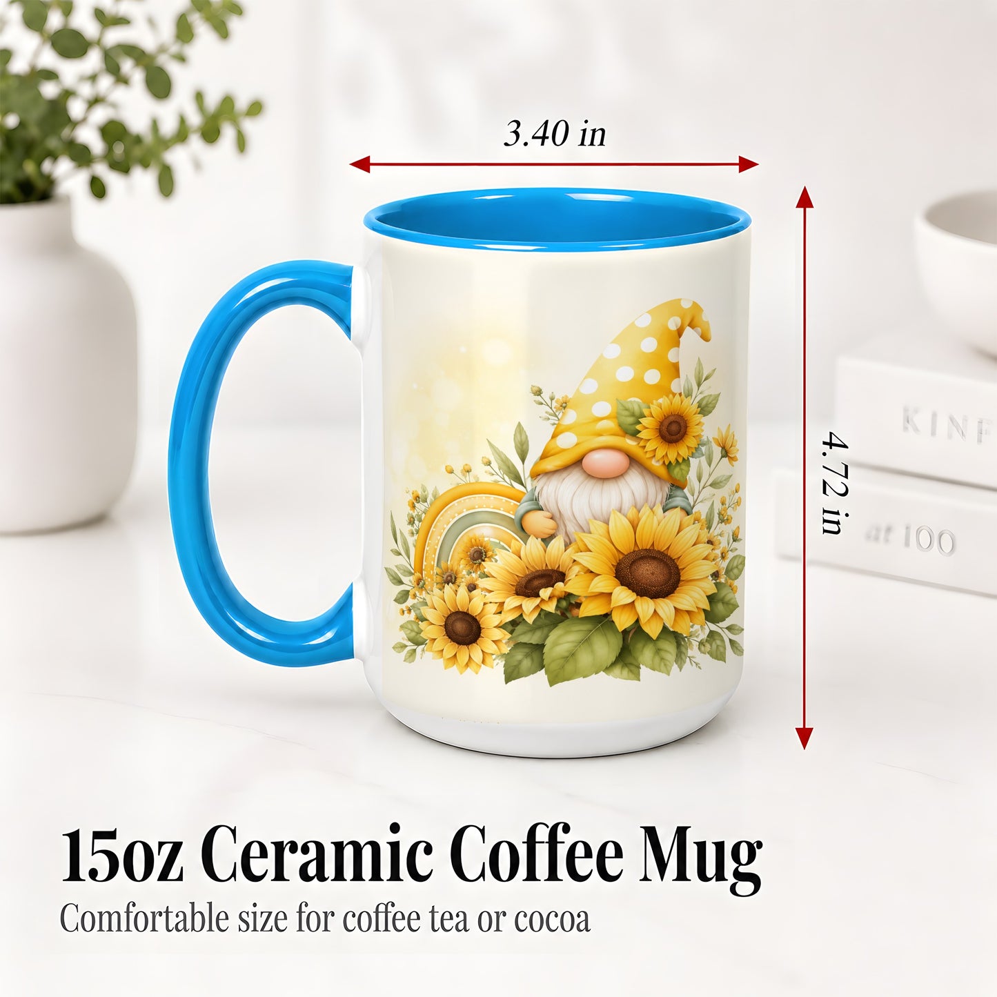 #pl[15oz|Blue] Sunflower Gnome Ceramic Mug, Yellow Floral Rainbow Garden Artwork