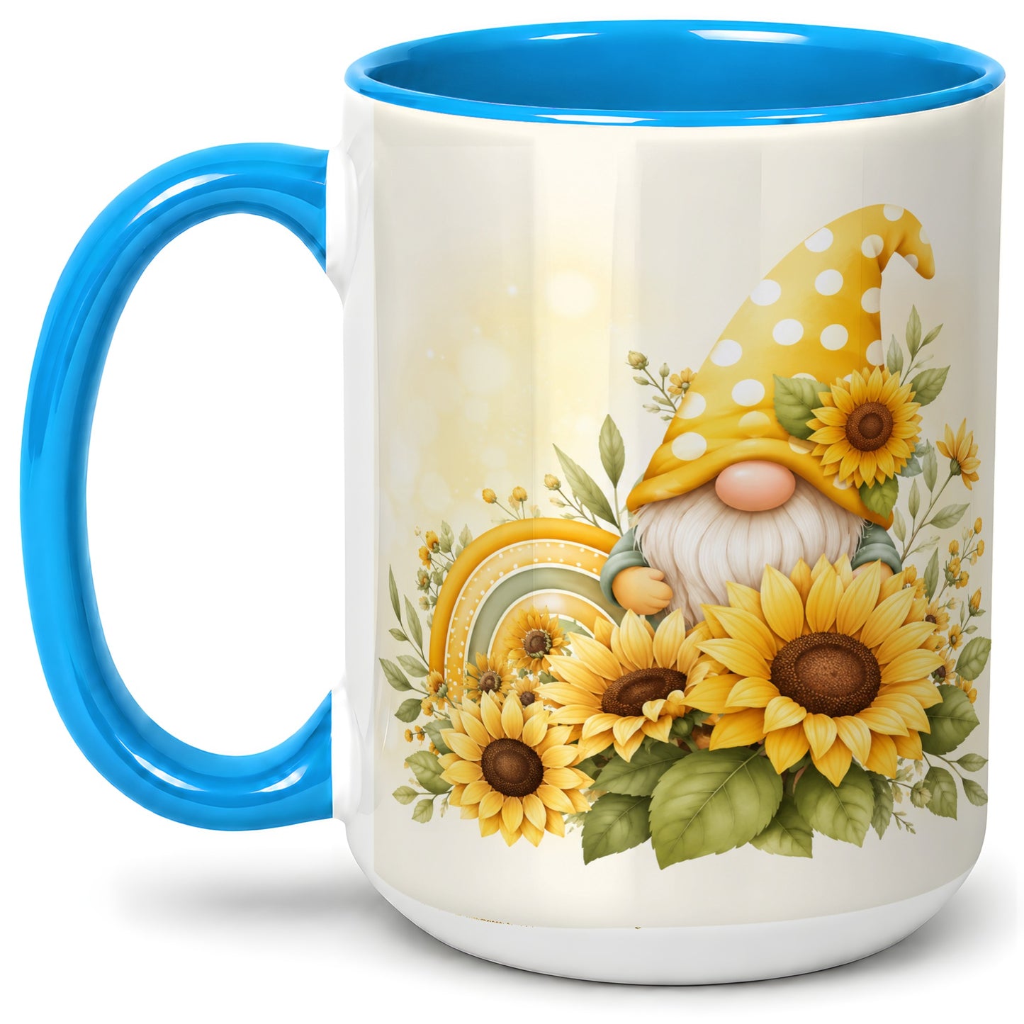 #pl[15oz|Blue] Sunflower Gnome Ceramic Mug, Yellow Floral Rainbow Garden Artwork