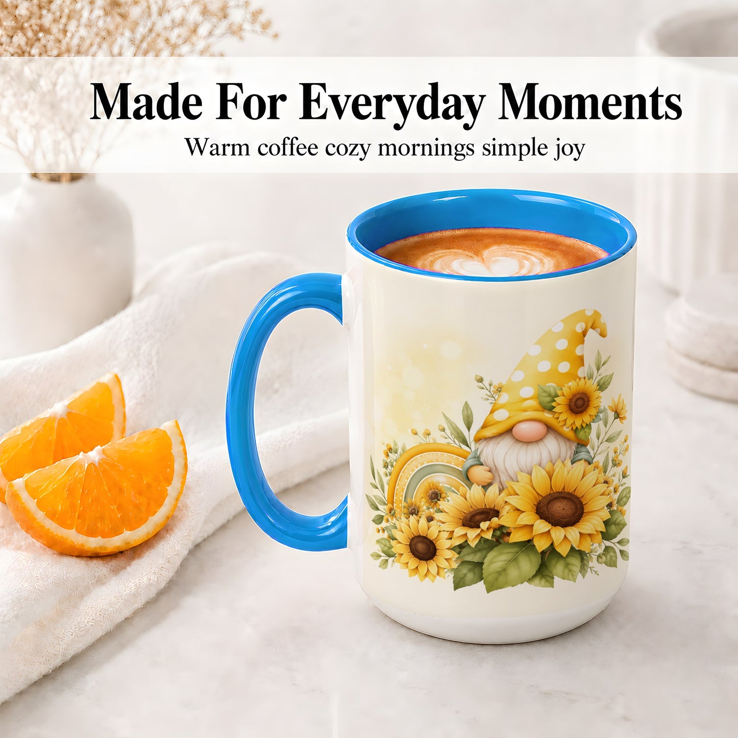 #pl[15oz|Blue] Sunflower Gnome Ceramic Mug, Yellow Floral Rainbow Garden Artwork