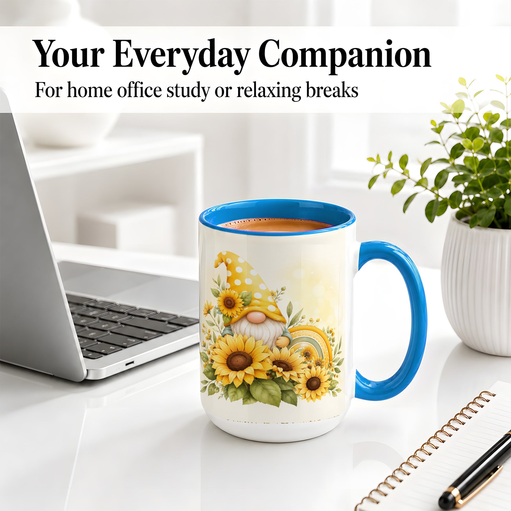 #pl[15oz|Blue] Sunflower Gnome Ceramic Mug, Yellow Floral Rainbow Garden Artwork