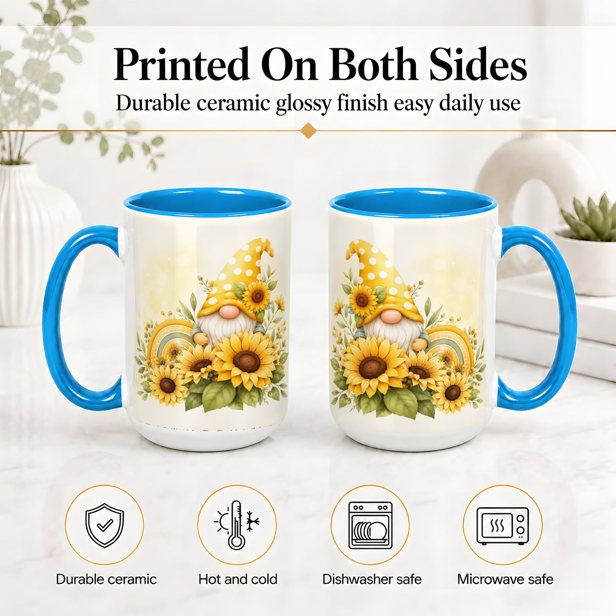 #pl[15oz|Blue] Sunflower Gnome Ceramic Mug, Yellow Floral Rainbow Garden Artwork