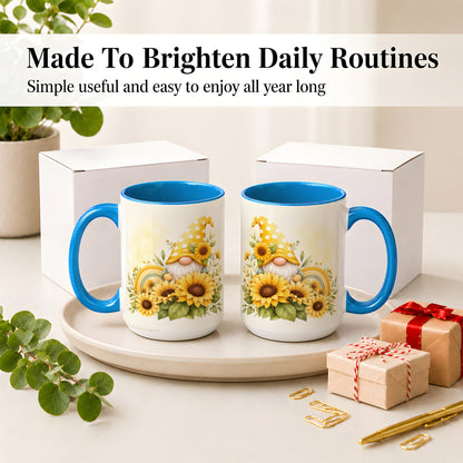 #pl[15oz|Blue] Sunflower Gnome Ceramic Mug, Yellow Floral Rainbow Garden Artwork