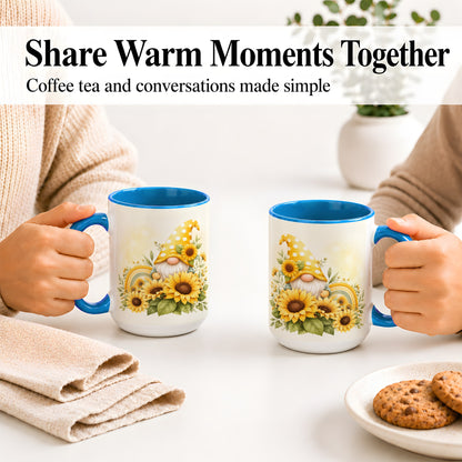 #pl[15oz|Blue] Sunflower Gnome Ceramic Mug, Yellow Floral Rainbow Garden Artwork